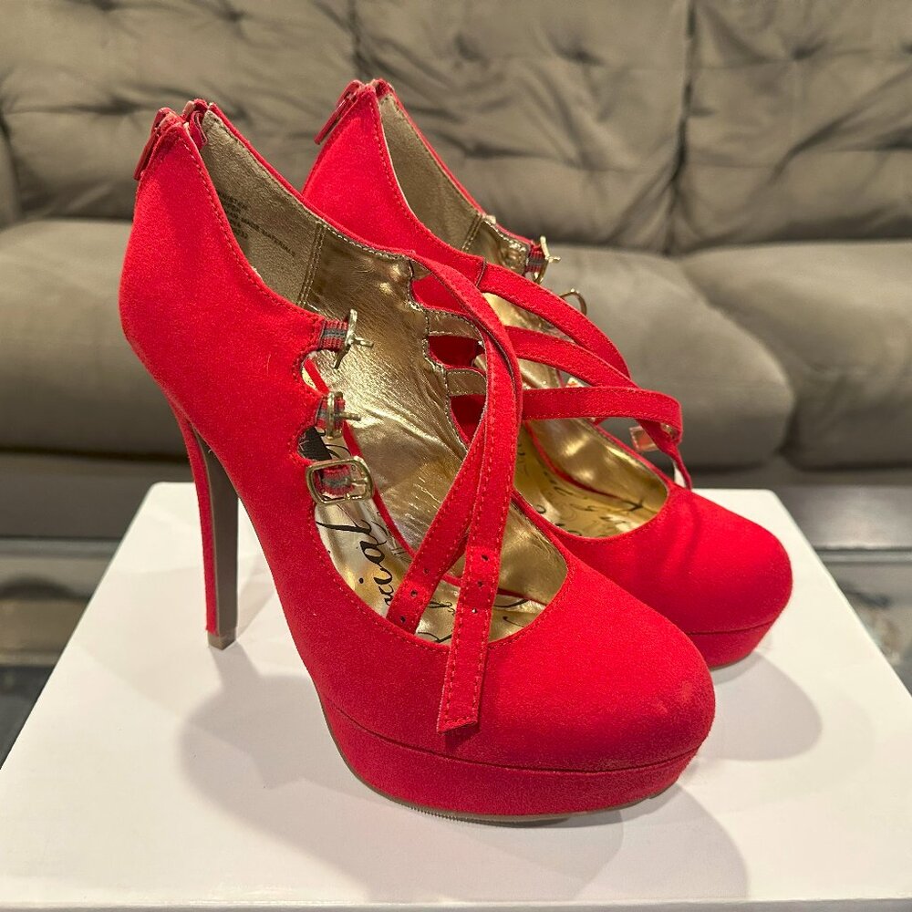 Material Girl Red Suede Heels Size 7.5